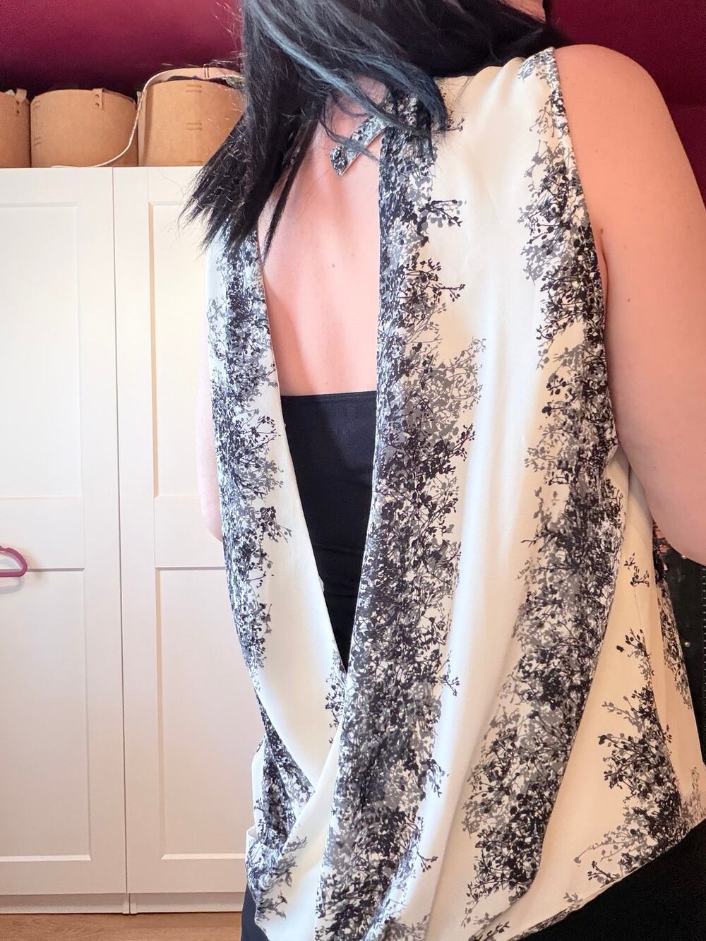 black and white floral open back top